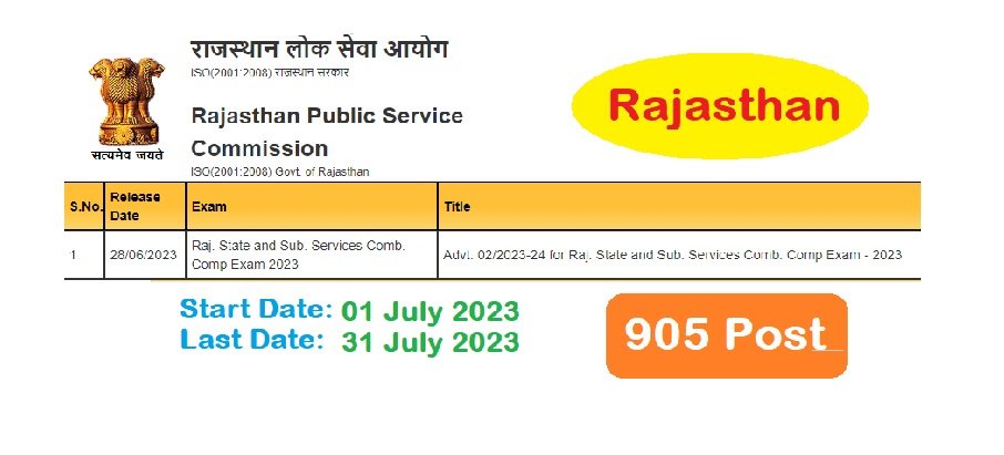 RPSC Rajasthan RAS 905 post Exam 2023 Notification
